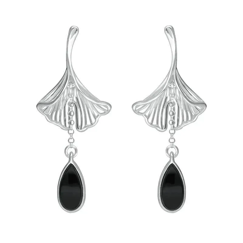 Sterling Silver Whitby Jet Teardrop Ginkgo Biloba Leaf Drop Earrings sold by Jura Watches