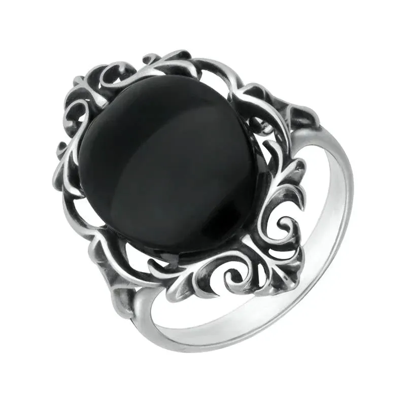 Sterling Silver Whitby Jet  Oval Open Carved Ring sold by Jura Watches
