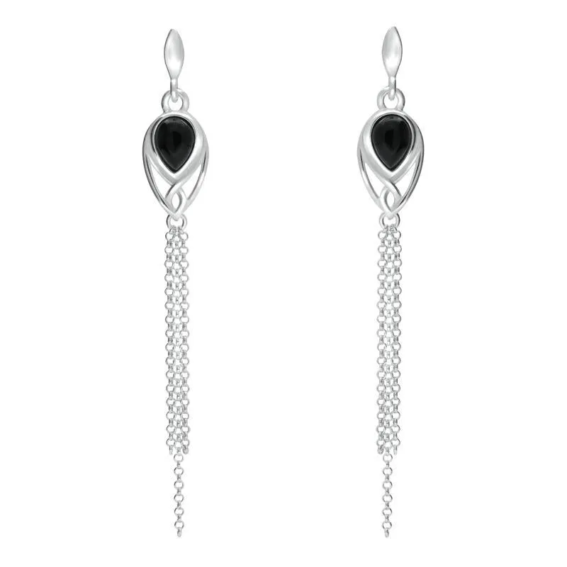 Sterling Silver Whitby Jet Celtic Pear Chain Drop Earrings sold by Jura Watches