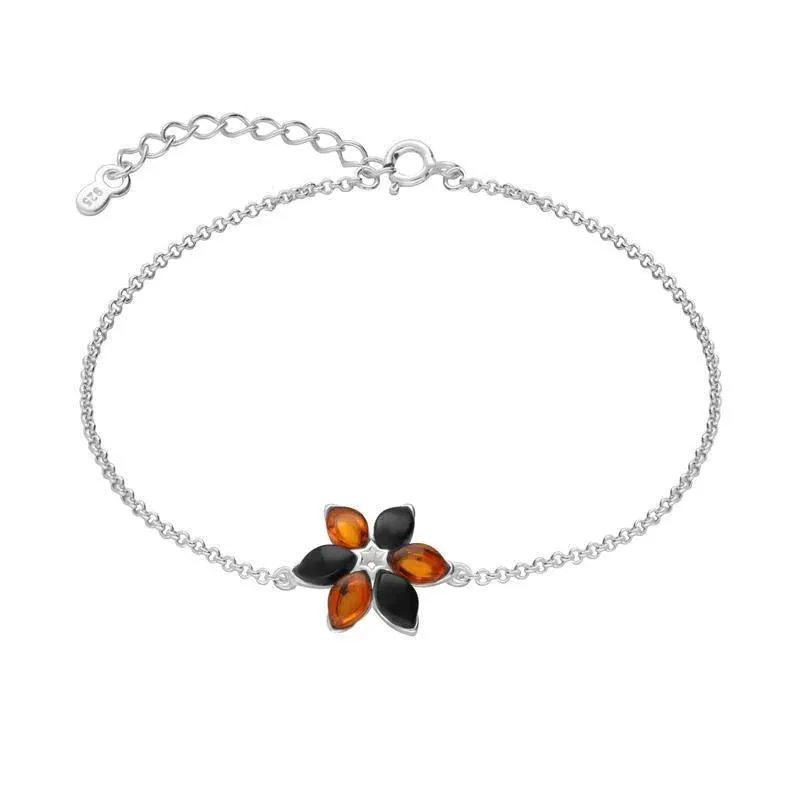 Sterling Silver Whitby Jet Amber Six Stone Petal Flower Bracelet sold by Jura Watches
