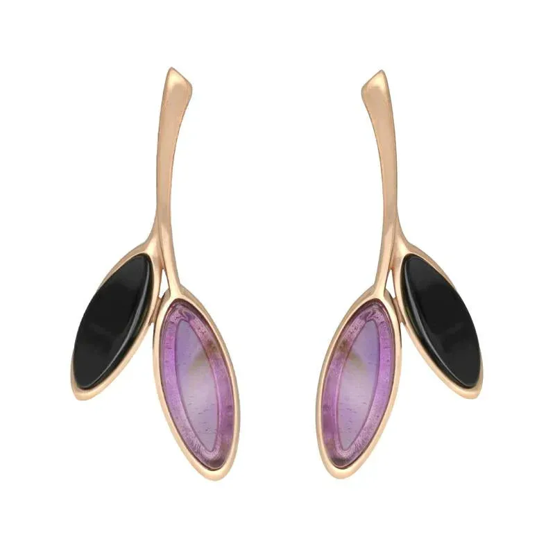 Rose Gold Plated Sterling Silver Whitby Jet Amethyst Leaf Drop Stud Earrings sold by Jura Watches