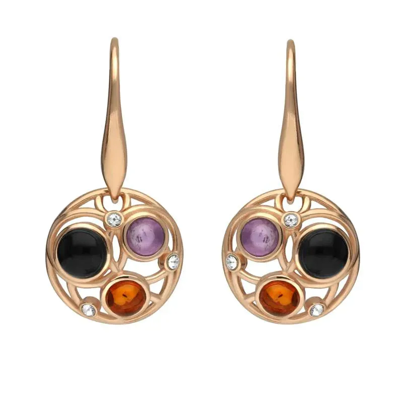 Rose Gold Plated Sterling Silver Whitby Jet Amethyst Amber Bubble Drop Earrings sold by Jura Watches