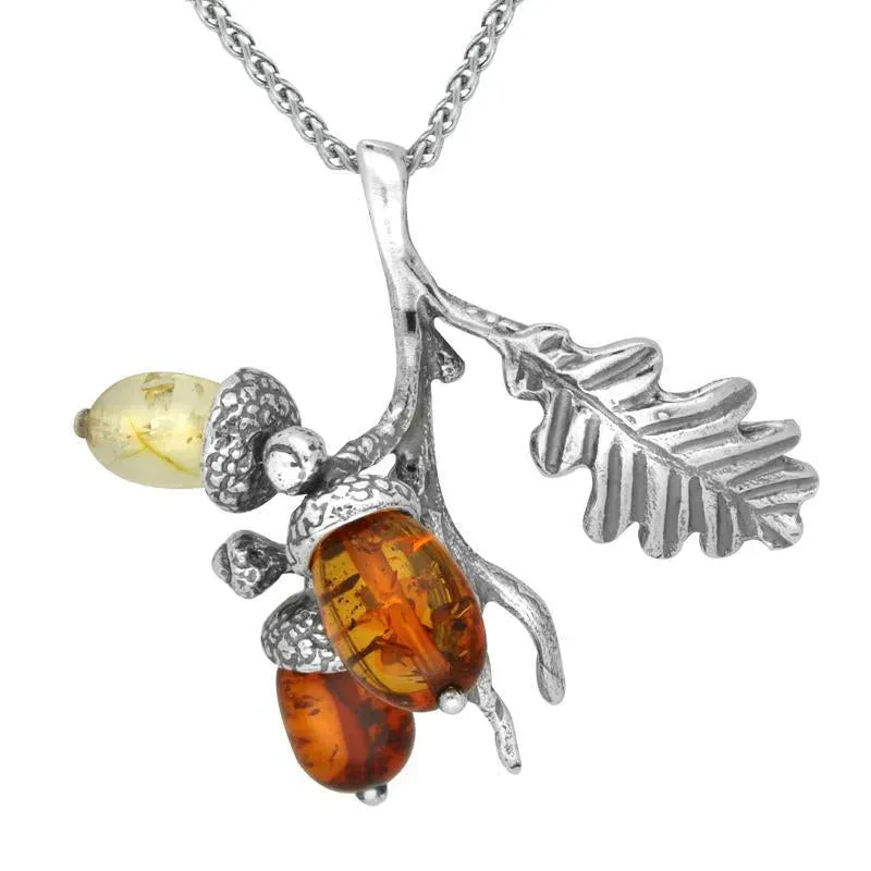 Sterling Silver Amber Triple Acorn and Leaf Necklace sold by Jura Watches