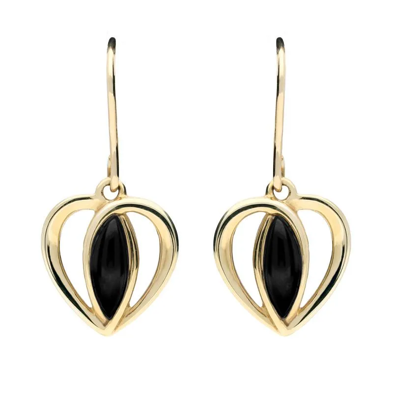 9ct Yellow Gold Whitby Jet Heart Drop Earrings sold by Jura Watches