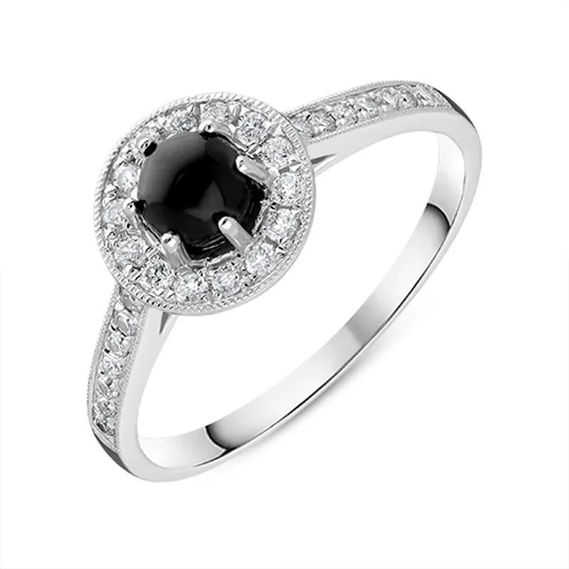 18ct White Gold Whitby Jet 0.23ct Diamond Round Cluster Ring sold by Jura Watches
