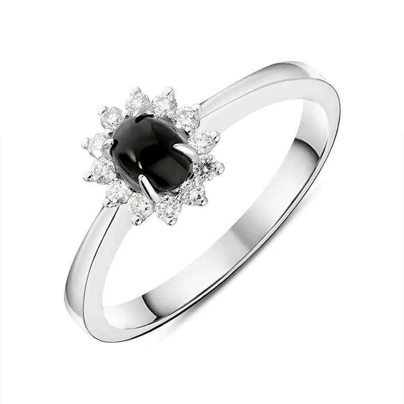 18ct White Gold Whitby Jet 0.14ct Diamond Oval Flower Ring sold by Jura Watches