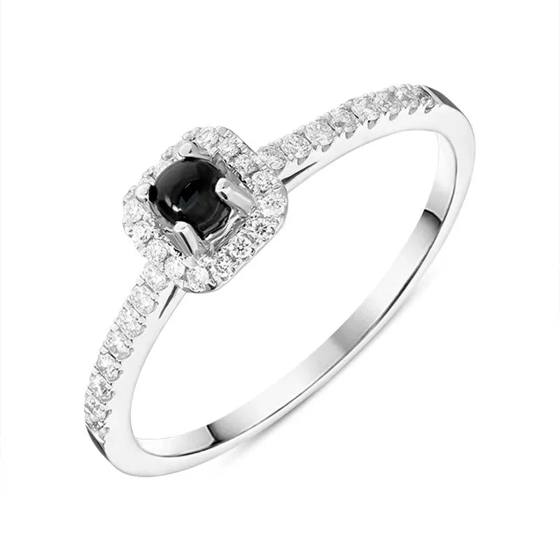 18ct White Gold Whitby Jet 0.16ct Diamond Cushion Shaped Ring sold by Jura Watches