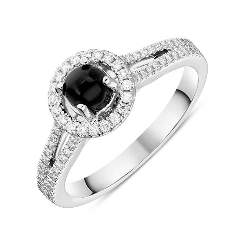 18ct White Gold Whitby Jet 0.24ct Diamond Round Split Shank Ring sold by Jura Watches