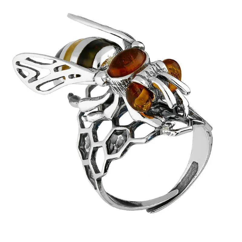Sterling Silver Amber Honeycomb Bee Ring sold by Jura Watches