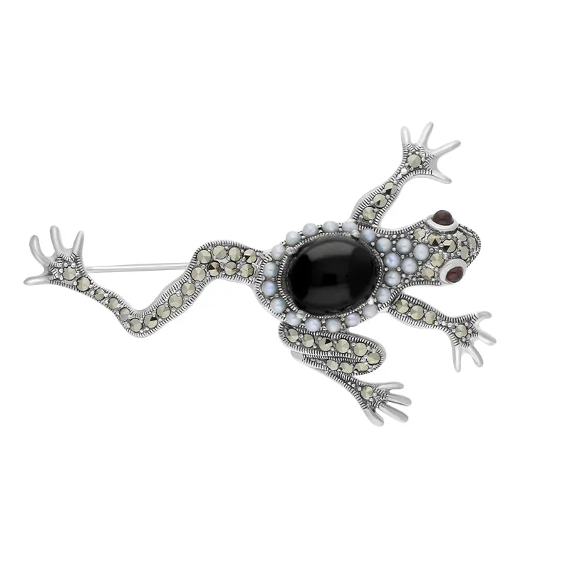 Sterling Silver Whitby Jet Marcasite Pearl Garnet Frog Brooch sold by Jura Watches