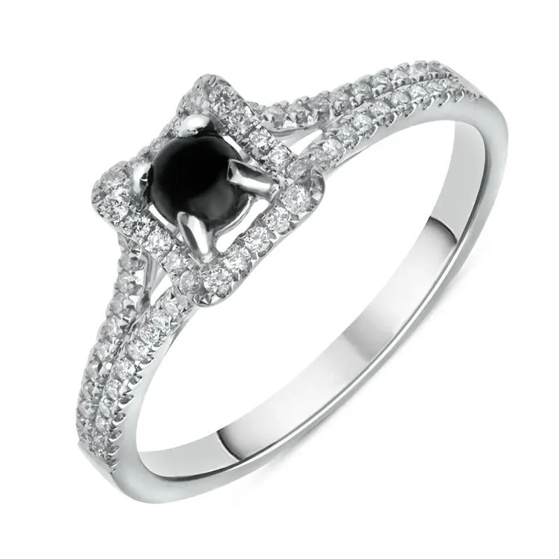 18ct White Gold Whitby Jet and Diamond Claw Set Centre Ring sold by Jura Watches