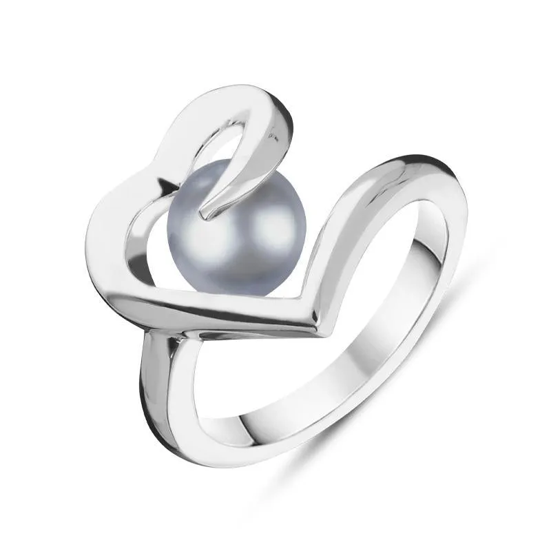 Sterling Silver Grey Pearl Twisted Open Heart Ring sold by Jura Watches