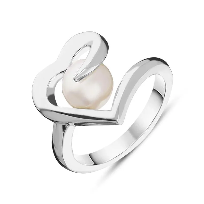 Sterling Silver White Pearl Twisted Open Heart Ring sold by Jura Watches