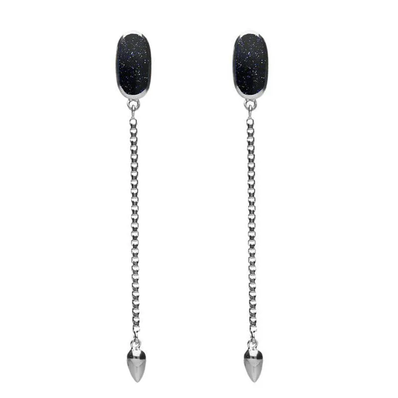 Sterling Silver Blue Goldstone Lineaire Long Drop Stud Earrings sold by Jura Watches
