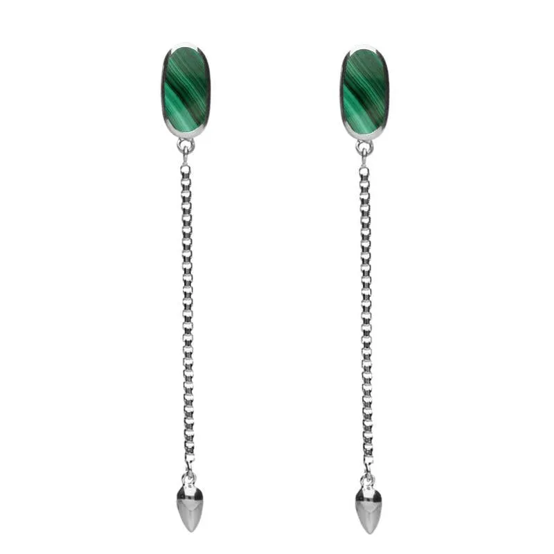 Sterling Silver Malachite Lineaire Long Drop Stud Earrings sold by Jura Watches