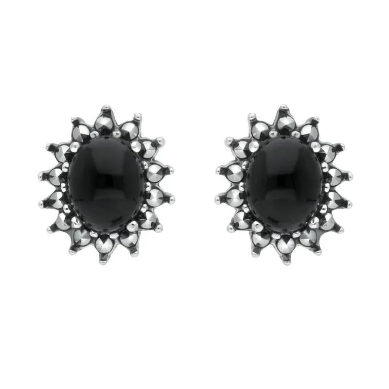 Sterling Silver Whitby Jet Marcasite Oval Beaded Edge Stud Earrings sold by Jura Watches