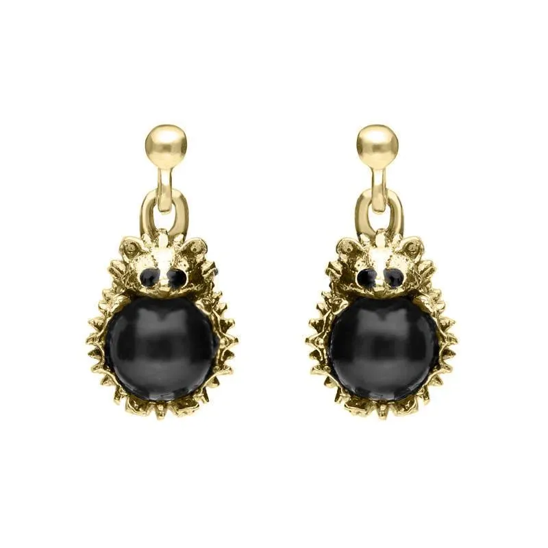 9ct Yellow Gold Whitby Jet Tiny Hedgehog Drop Earrings sold by Jura Watches