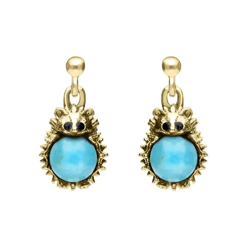 9ct Yellow Gold Turquoise Tiny Hedgehog Drop Earrings sold by Jura Watches
