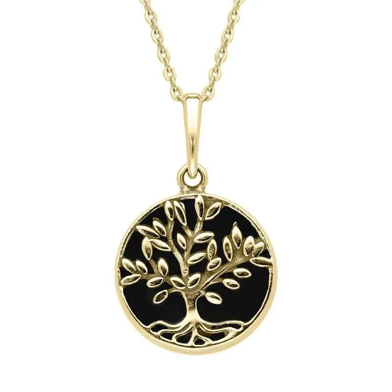 9ct Yellow Gold Whitby Jet Small Round Large Leaves Tree of Life Necklace sold by Jura Watches