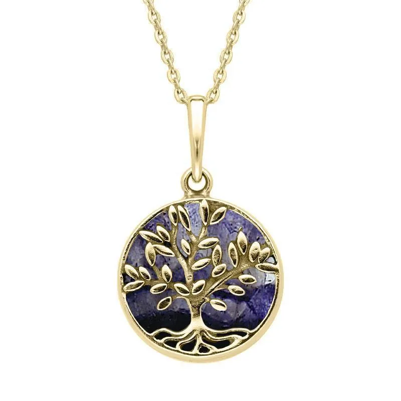 9ct Yellow Gold Blue John Small Round Large Leaves Tree of Life Necklace sold by Jura Watches