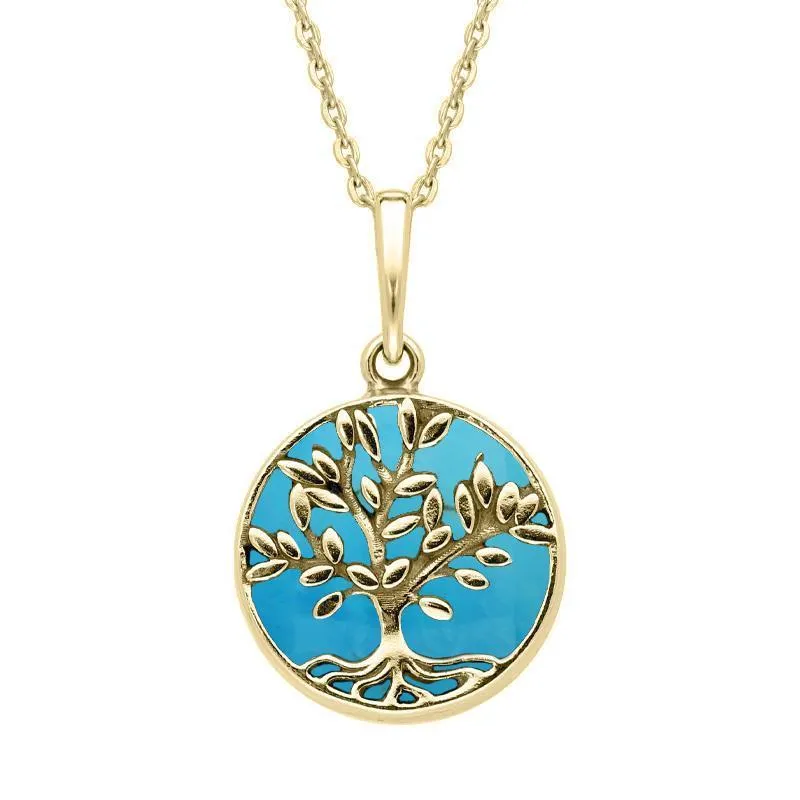 9ct Yellow Gold Turquoise Small Round Large Leaves Tree of Life Necklace sold by Jura Watches