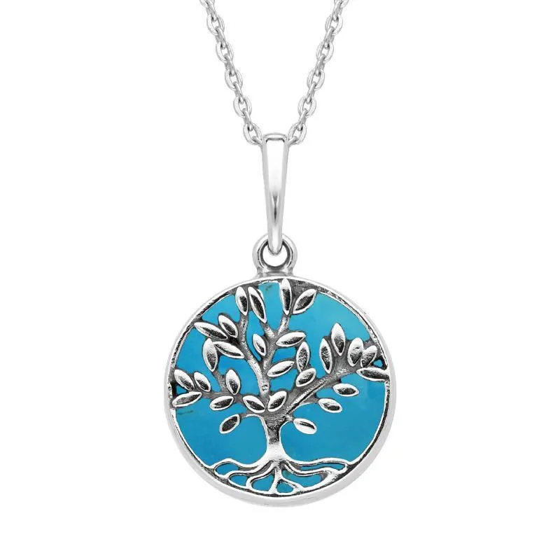 Sterling Silver Turquoise Small Round Large Leaves Tree of Life Necklace sold by Jura Watches