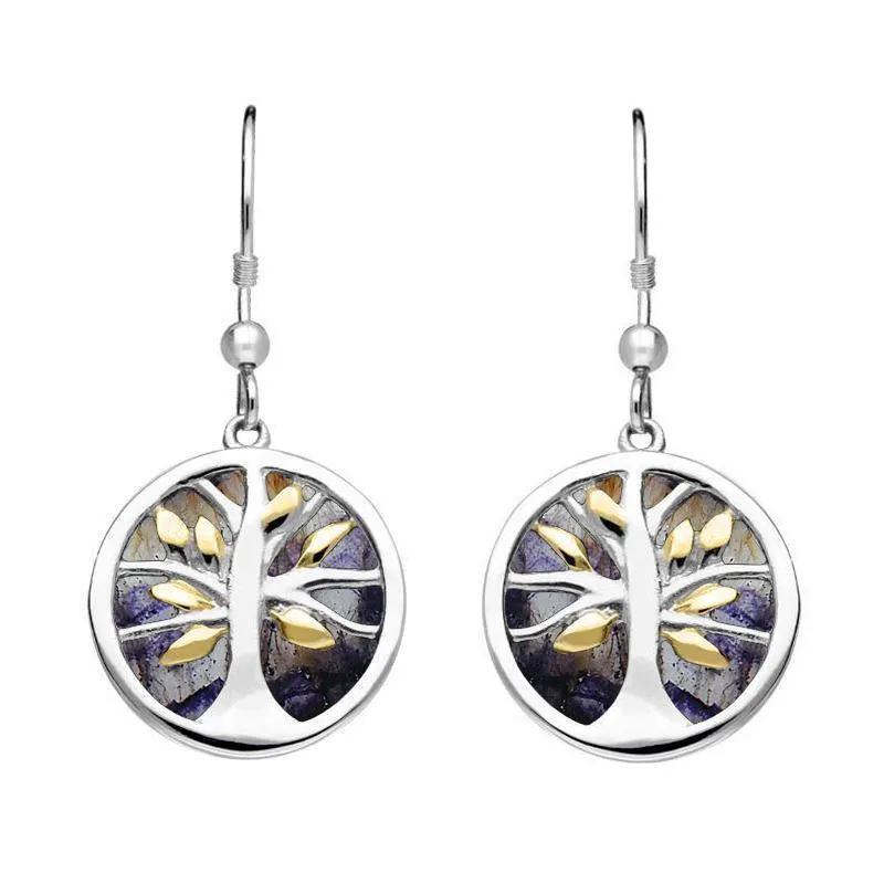 Sterling Silver Gold Plate Blue John Round Tree of Life Drop Earrings sold by Jura Watches