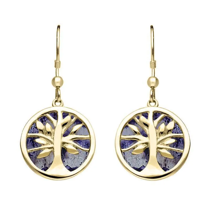 9ct Yellow Gold Blue John Round Tree of Life Drop Earrings sold by Jura Watches
