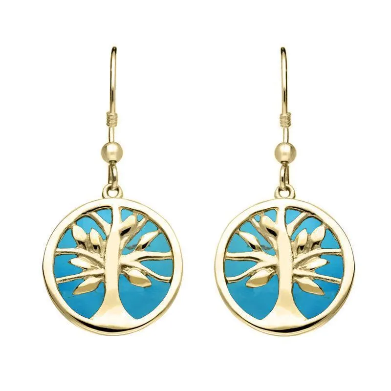 9ct Yellow Gold Turquoise Round Tree of Life Drop Earrings sold by Jura Watches