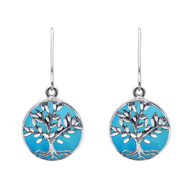 Sterling Silver Turquoise Round Large Tree of Life Leaves Drop Earrings sold by Jura Watches
