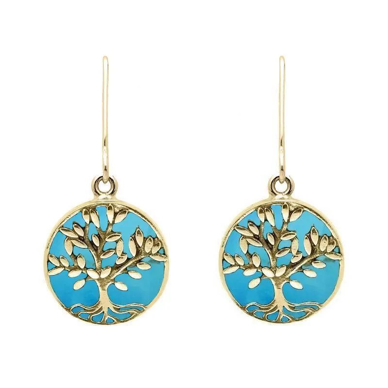 9ct Yellow Gold Turquoise Round Large Tree of Life Leaves Drop Earrings sold by Jura Watches