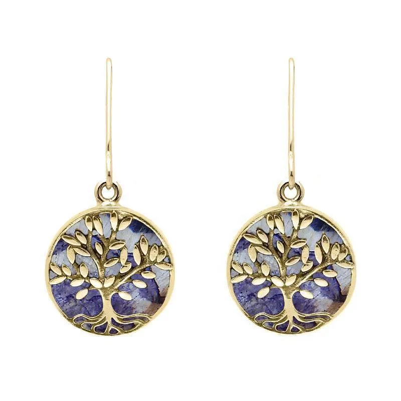 9ct Yellow Gold Blue John Round Large Tree of Life Leaves Drop Earrings sold by Jura Watches