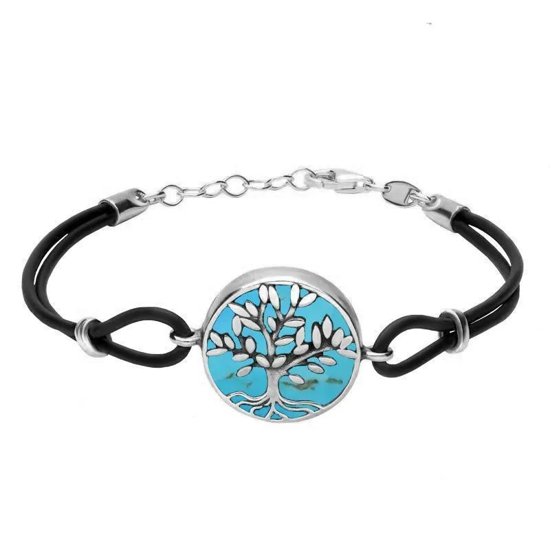 Sterling Silver Turquoise Cord Round Large Leaves Tree Of Life Bracelet sold by Jura Watches