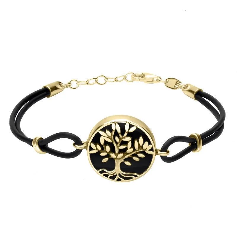 9ct Yellow Gold Whitby Jet Cord Round Large Leaves Tree Of Life Bracelet sold by Jura Watches
