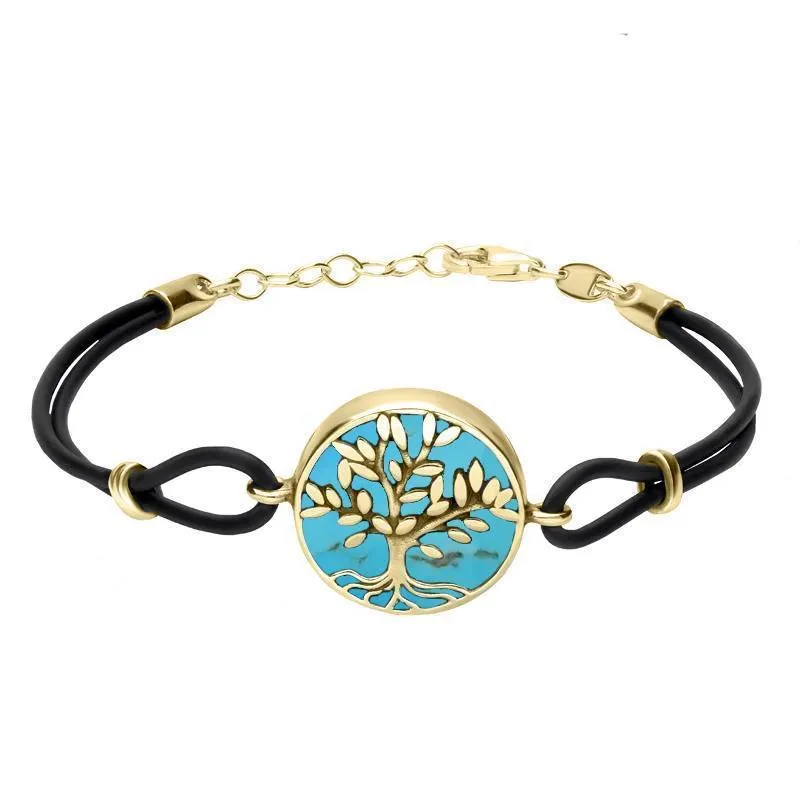 9ct Yellow Gold Turquoise Cord Round Large Leaves Tree Of Life Bracelet sold by Jura Watches