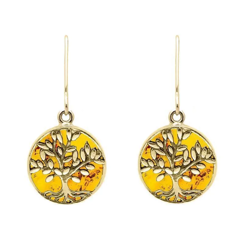 9ct Yellow Gold Amber Round Large Tree of Life Leaves Drop Earrings sold by Jura Watches