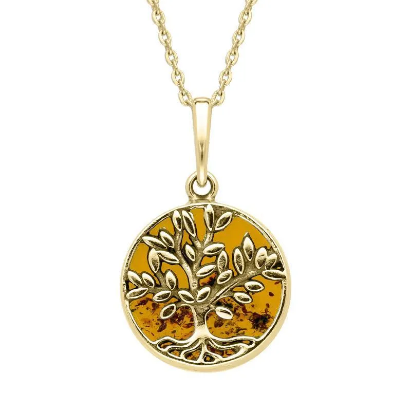 9ct Yellow Gold Amber Small Round Large Leaves Tree of Life Necklace sold by Jura Watches