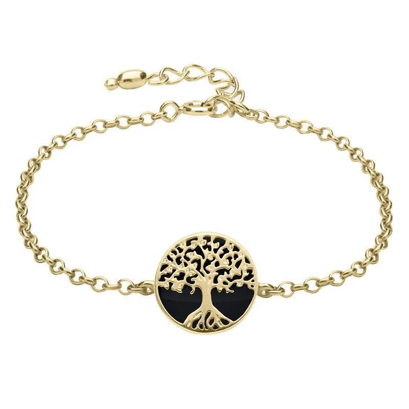 9ct Yellow Gold Whitby Jet Round Tree of Life Chain Bracelet sold by Jura Watches