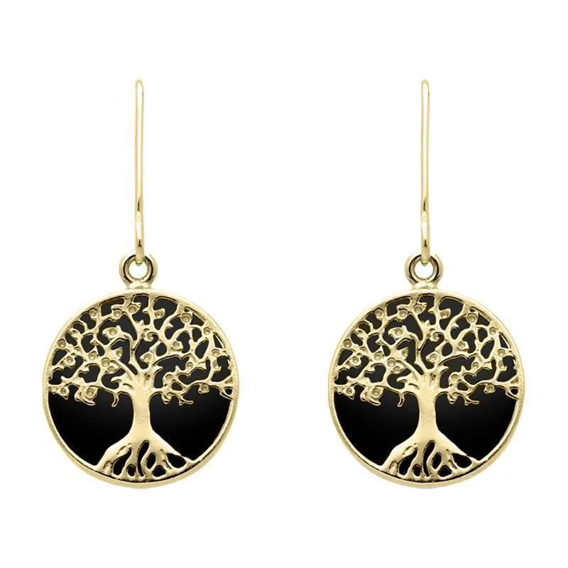 9ct Yellow Gold Whitby Jet Round Tree Drop Earrings sold by Jura Watches