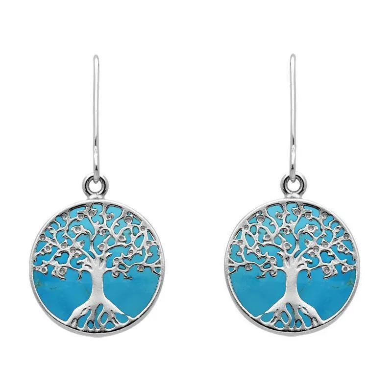 Sterling Silver Turquoise Round Tree Drop Earrings sold by Jura Watches