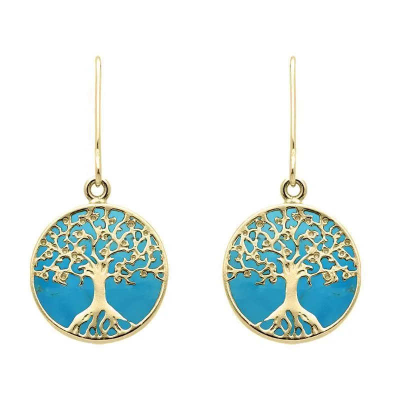 9ct Yellow Gold Turquoise Round Tree Drop Earrings sold by Jura Watches