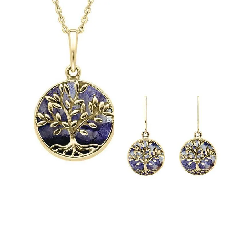 9ct Yellow Gold Blue John Round Large Leaves Tree of Life Two Piece Set sold by Jura Watches