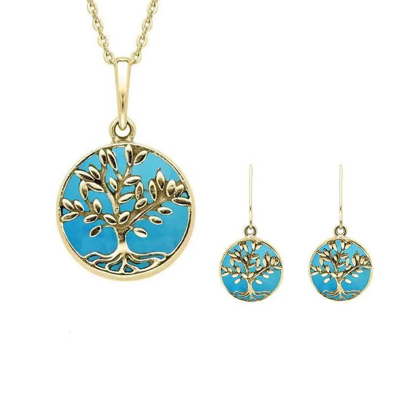 9ct Yellow Gold Turquoise Round Large Leaves Tree of Life Two Piece Set sold by Jura Watches