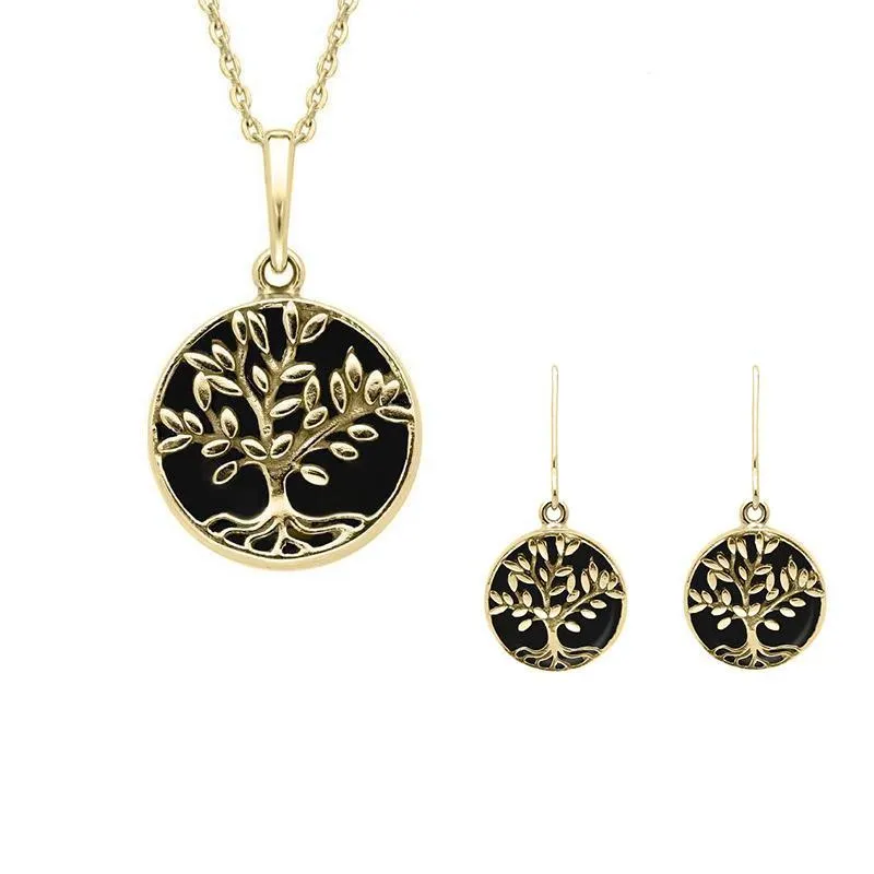 9ct Yellow Gold Whitby Jet Round Large Leaves Tree of Life Two Piece Set sold by Jura Watches