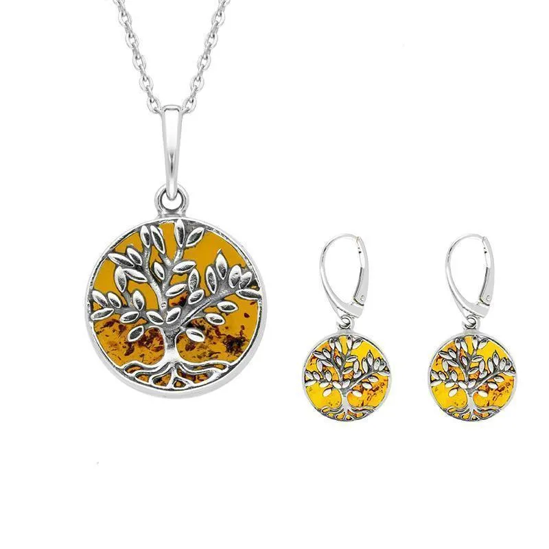 Sterling Silver Amber Round Large Leaves Tree of Life Two Piece Set sold by Jura Watches