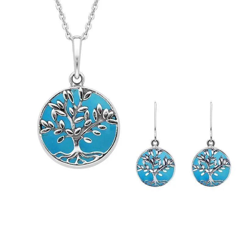 Sterling Silver Turquoise Round Large Leaves Tree of Life Two Piece Set sold by Jura Watches