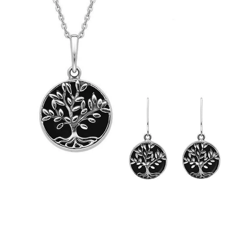 Sterling Silver Whitby Jet Round Large Leaves Tree of Life Two Piece Set sold by Jura Watches