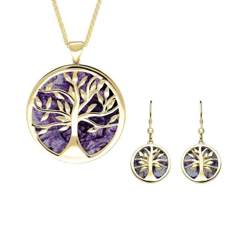 9ct Yellow Gold Blue John Large Round Tree of Life Two Piece Set sold by Jura Watches