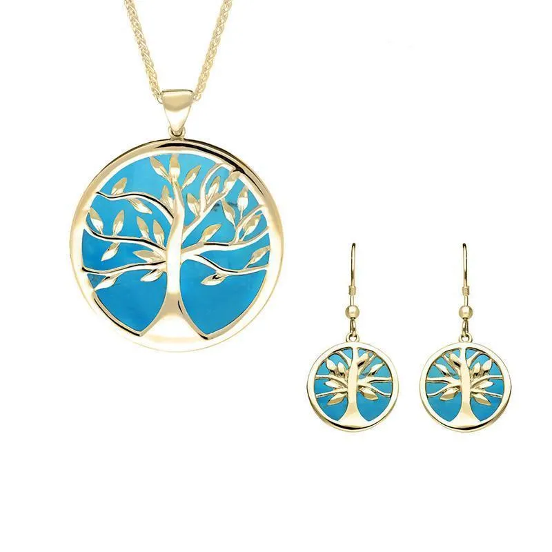 9ct Yellow Gold Turquoise Large Round Tree of Life Two Piece Set sold by Jura Watches
