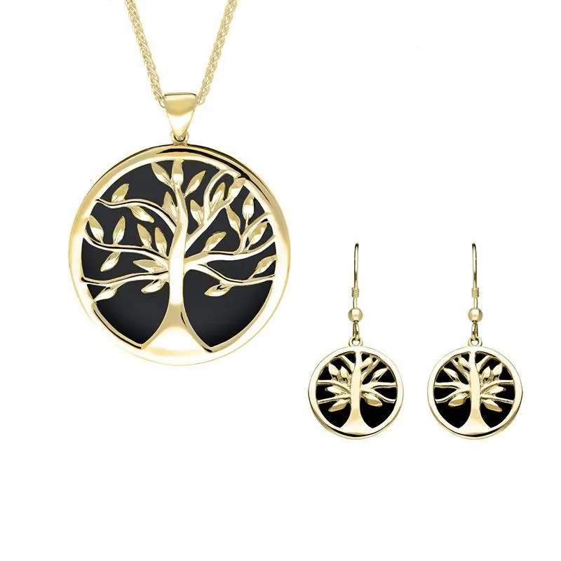 9ct Yellow Gold Whitby Jet Large Round Tree of Life Two Piece Set sold by Jura Watches